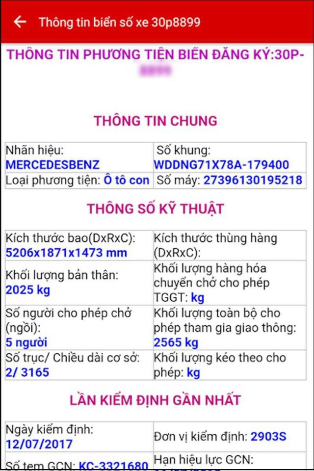Toàn bộ thông tin xe hiện ra màn hình